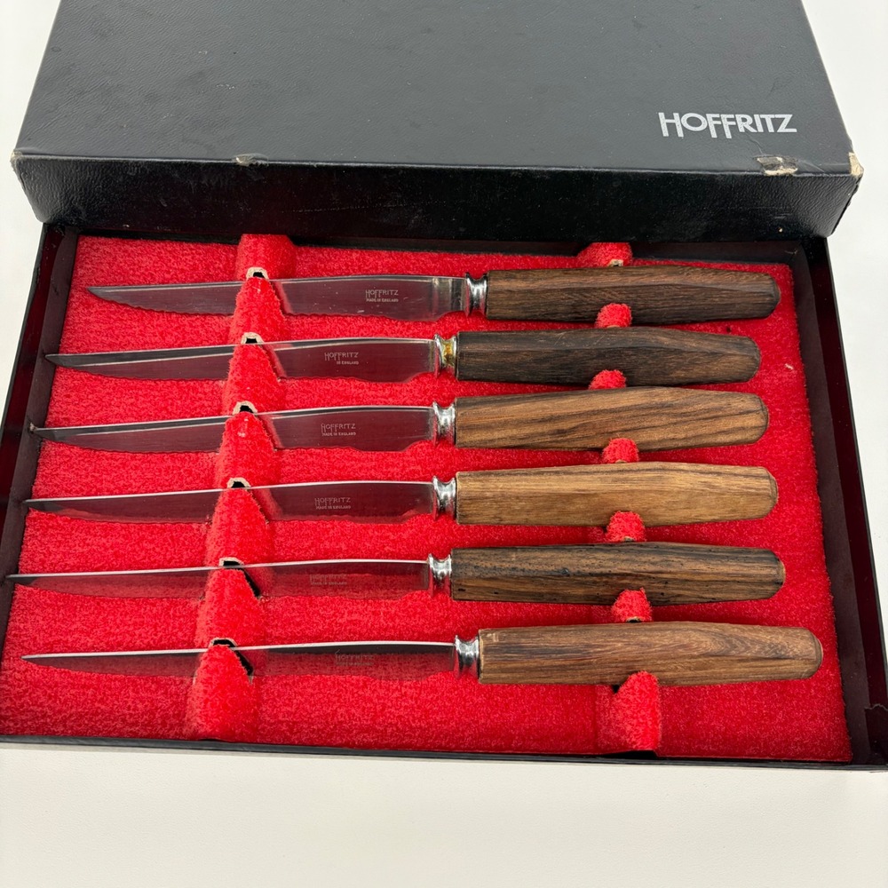 Hoffritz Steak Knife Set 6pc Wood Handle Vintage England MCM Set of 6 Quality
